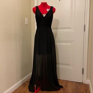 New Bell Black V Neck Dress- Size Small, side slit with lace bodice